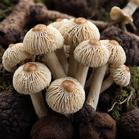 Macro shot of Enoki Mushroom with Truffle formation <lora:MyShroom:0.4>