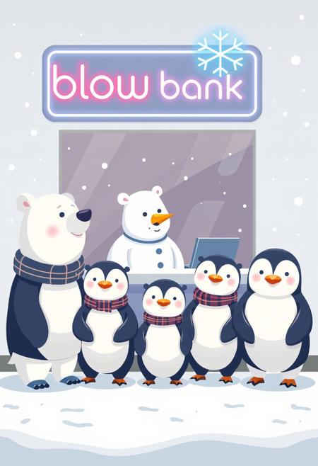 i11ustmin Illustration.
Polar bears and penguins, dressed in adorable miniature suits, are waiting patiently in line. The teller is a friendly snowman behind the counter. Above them, a neon sign reads "blow Bank" with a snowflake logo. The atmosphere is playful, with the animals displaying smiles and enjoying the snowy environment. <lora:minimalist_flat_illustration_nbm:1.0> <lora:schnell_v1.0:1.0><lora:798753124362995944:0>