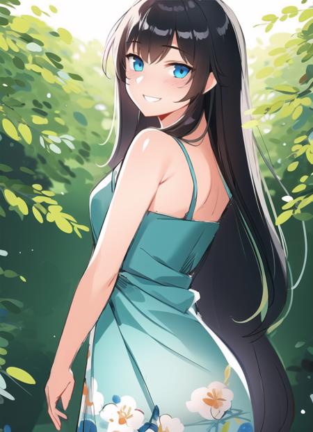 highres, masterpiece, 1girl, solo, eye contact, stare, smile, grin, standing, skin blush, black hair, long hair, blue eyes, gradient eyes, in a forest, shiny skin, blush lines, sketch lines, sketch, cover art,
flower print dress, 
<lora:homebrew_ngnd:1>,