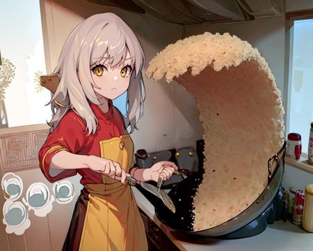 (best quality, masterpiece), ricewave, (1girl, solo,cooking, standing , looking at viewer, white hair, yellow eyes, closed mouth, upper body), (kitchen, holding wok, Spatula) <lora:fried-05:1>