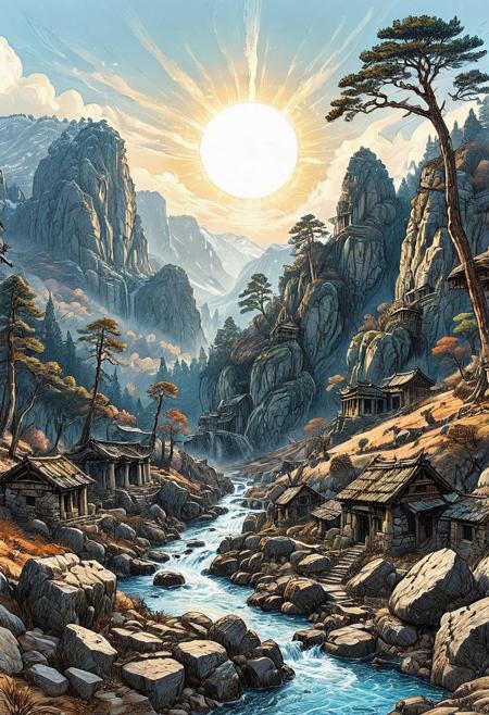 An epic, ink art, line art  painting of a dramatic deep valley cutting through soaring hills, pine trees growing on its slopes with a cold stream tumbling over grey rocks. A stone temple, ancient and ruined, with a few dilapidated huts spread around it, can be seen at the far end of the valley. A winter sun high in the pale blue sky.,(((sharp focus))), (hyperdetailed:1.3), (intricate details:1.2), (Refined details:1.3), (best quality:1.5), highly detailed textures, vibrant colours, (ultra sharp focus:1.8)