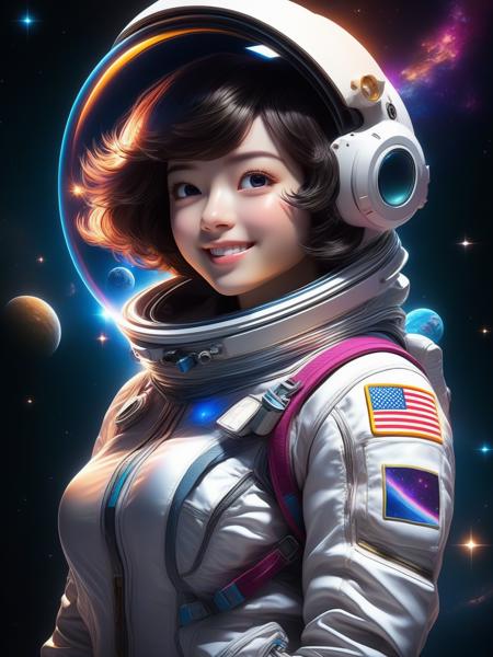 masterpiece, best quality, Half body portrait, 1girl, anime, 3D, realistic, teen girl, smiling, cute face, short hair, astronaut helmet, starry universe background, true light, bodysuit, beautiful, sexy, colourful, nsfw, smooth skin, illustration, by stanley artgerm lau, sideways glance, foreshortening, extremely detailed, high resolution, ultra quality, glare, Iridescent, Global illumination, realistic light and shadow, hd, 8k