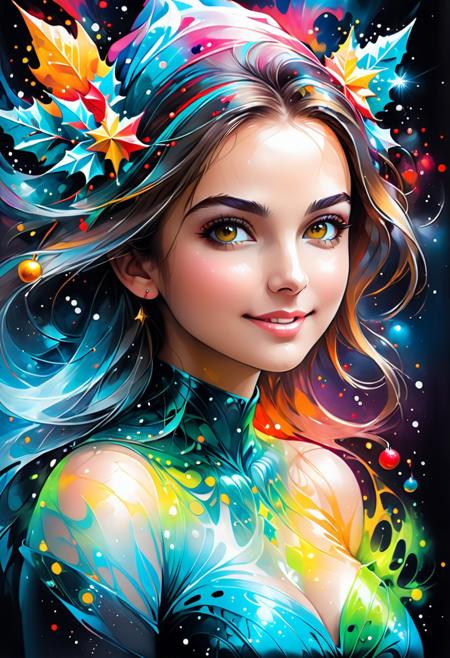 1girl, christmas style by (Adrian Bush,Aliza Razelle:1.5),best quality,fluorescent color,fractal atmosphere,christmas mood,light-smile,surreal fractal  shape male realistic xmas epic amazing luminous phantasmagoria masterpiece,splash art,detailed huge fractal  scene