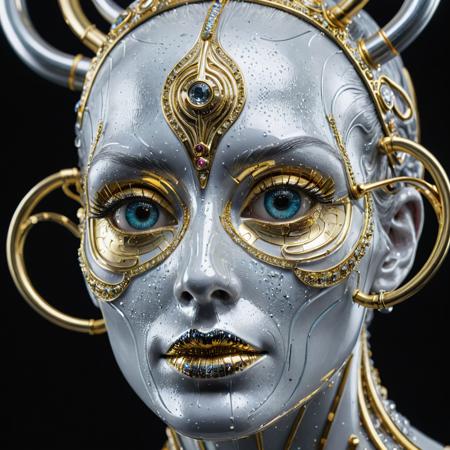  art from the 'art of control' collection by jasper harvey, in the style of futuristic optics, silver and gold, detailed facial features, swirling vortexes, 8k 3d, whimsical cyborgs, made of crystals --ar 150:187 --s 750 --v 5. 2 --style raw 