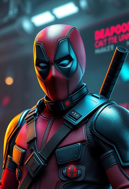 Deadpool but wearing a cyberpunk armor and suit, cyberpunk background, sci-fi best quality, realistic, cinematic lighting, hyperrealistic, perfect quality