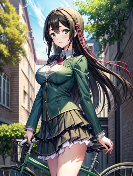 best quality, masterpiece, highres, detailed, perfect anatomy,  <lora:Detail - add_detail:0.2>, black hair, green eyes, medium breasts, student uniform, green clothes, red bow, happy, layered skirt, outdoors, standing next to a blue bike,  <lora:Character - SatsukiV12:0.8>