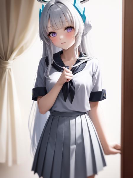 (grey serafuku:1.4), 1girl, solo, standing, (neckerchief:1.1), white hair, purple eyes, short sleeves, pleated skirt, (grey skirt:1.2), long skirt, indoors, very long hair, halo,