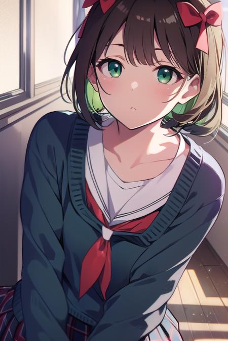 harukaamami, <lyco:harukaamami-LYCORIStest:1>,
haruka amami, brown hair, (green eyes:1.5), short hair, (hair bow:1.5), hair ribbon, bangs, blunt bangs, (small breast:1.2),
BREAK bag, bow, school uniform, serafuku, skirt, sweater, long sleeves, red bow, blue skirt, grey sweater,
BREAK looking at viewer,
BREAK indoors, classroom,
BREAK <lora:GoodHands-vanilla:1>, (masterpiece:1.2), best quality, high resolution, unity 8k wallpaper, (illustration:0.8), (beautiful detailed eyes:1.6), extremely detailed face, perfect lighting, extremely detailed CG, (perfect hands, perfect anatomy),