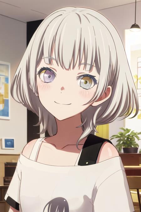 best quality, masterpiece, highres, solo, {kaname_rana_bangdreamitsmygo:1.15}, short_hair, bangs, blush, grey_hair, collarbone, closed_mouth, yellow_eyes, heterochromia, instrument, smile, blue_eyes, 1girl, shirt, black_shirt, upper_body, indoors, off_shoulder