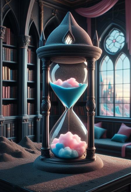 masterpiece, best quality, high resolution, absurdres, ultra-detailed, intricate details, ultra detailed, 8k, highly detailed, very aesthetic, professional 4k, Canon 5d mark 4, extremely detailed, very_detailed, high_detail, sharp focus, clean lines, perfect anatomy, realistic style,  
ObsidianSand cottoncandy hourglass,
fantasy castle interior, library, fantasy world,
film grain, cinematic, colorful, moody lighting, natural light, soft light, depth of field, bokeh, light particles, backlight, chiaroscuro, refraction, subsurface scattering