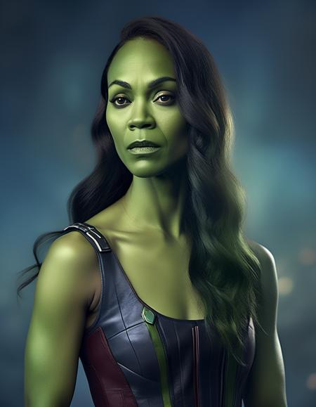 professional portrait photo of zsldngotg woman,  ((green skin)), dressed as Gamora from Guardians of the Galaxy, action pose, cinematic lighting, <lora:Zoe Saldana-000005:1>