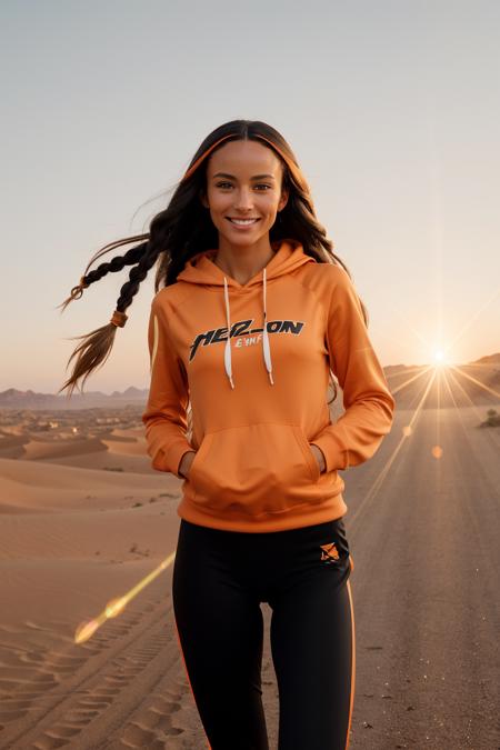 (Art Photography, Award Winning) (black long hair with blonde streaks:1.3) DV_Selma_Vicious  in (orange spandex leggings) and (orange Hoodie)(fast running, jogging in the Algerian desert)(Steve McCurry, 35mm, F/2.8), (Photo Focus, DOF, Aperture, insanely detailed and intricate, character, hypermaximalist,  beautiful,  revealing, appealing, attractive, amative, hyper realistic, super detailed)(DOF, blurry background, sunset)(Lens Flare:1.3) Heresy flare (smiling at the viewer)