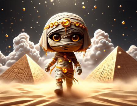 (((cute anime style illustration))), (black grey, gold colors only in cute  manga style), (((cute cartoon style))) of cute mummy in mummy mask, circle of flame in the background