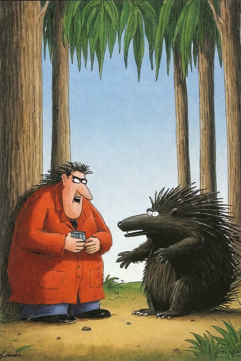 a color far side comic strip illustration of  a porcupine,  by Gary Larson, <lora:Gary_Larson_Style_XL_Color_Far_side-0000...