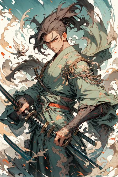 (close-up:1.1),upper body,weapon, 1boy, male focus, sword, solo, japanese clothes, holding, holding weapon, katana, holding sword, sheath, , , long sleeves, , haori, , hakama, kimono, sheathed,,
Architectural background
,,   <lora:niji_wushi:0.68>