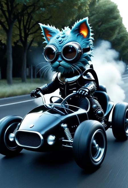 (made of monster skin:1.3), closeup full body shot, from side, closeup cute small spooky classic monster sports car, cat driving on, wear round goggles, wear animal ears helmet, wear black armor, run through on city road, Dust cloud, cinematic, cinematic lighting, (masterpiece, best quality:1.4), ultra-high res, 4k, Photorealistic, insanely detailed, sfw,
