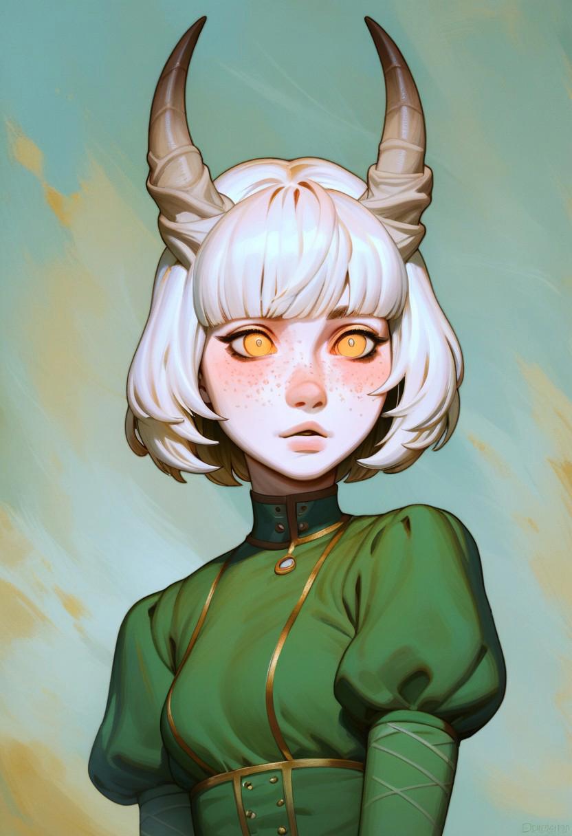 score_9, score_8_up, score_7_up, beautyfull color, aesthetic, BREAK 1girl, solo, twisted ram's horns, freckles, white hair, long bangs, golden eyes, vertical pupils, pale skin, green dress, BREAK medium shot, detailed background