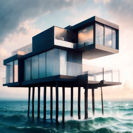 photo, a house on stilts in the ocean (ModernCity style:1) <lora:djzModernCityV21:1>