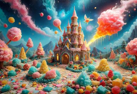 candy ,tilt-shift photo of best quality double exposure complex surreal painting on cracked paper, macro, microworld,  hyperdetailed,   insanely detailed, surreal, A whimsical, dreamlike scene of a candy asteroid shower, where vibrant, sugary meteors in hues of pink, blue, and yellow cascade from a sky filled with puffy, pastel-hued cotton candy clouds, reminiscent of a fantastical, sugar-coated wonderland, where magic and enchantment reign supreme, table cinematic, big eyes 32k, by Rockwell, WLOP Ryniac, Craola, Disney, van Gogh, highly detailed, intricated, intricated pose, high quality, centered, perfect composition.,
Selective focus, miniature effect, blurred background, highly detailed, vibrant, perspective control