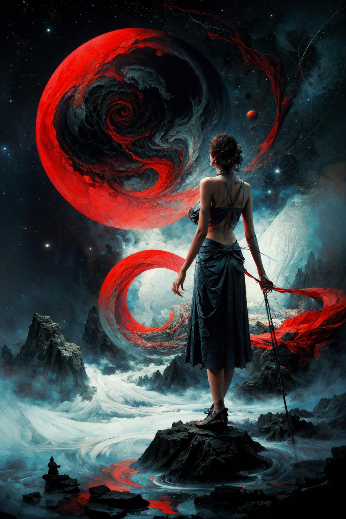 A woman with a whip standing in front of a painting with a vortex, mountains, and a red circle.