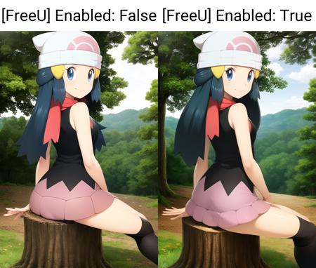 <lora:character_pokemon_dawn_v7:1> dawn \(pokemon\), forest, 1girl, solo, sitting, tree stump, legs together, hands on own thighs, feet out of frame, from behind, (from above:1.2), from side, looking back, looking at viewer, blue eyes, blue hair, smile, closed mouth, beanie, hairclip, sleeveless shirt, skirt, kneehighs, scarf,