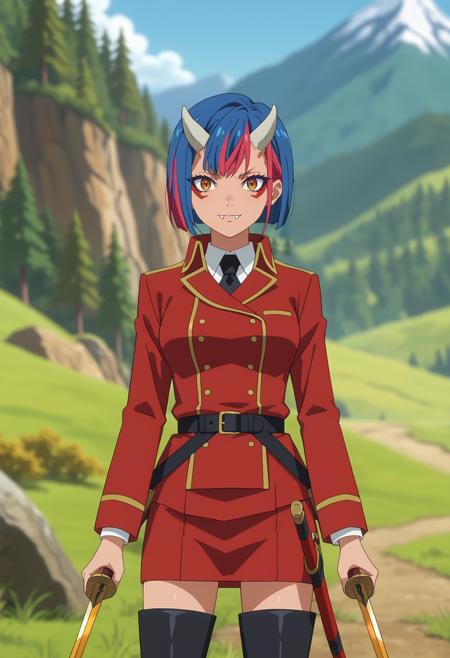 GobwaTS short hair, multicolored hair, streaked hair, blue hair, pink hair, orange eyes, white horns, facial mark, fangs red jacket, white shirt, black necktie, pencil skirt, red skirt, black belt, thigh boots, black footwear