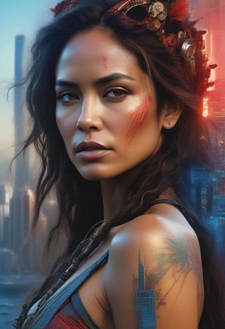 Steampunk tahitian Woman 40 years old with fine hightech skin details, detailed face, sf, intricate artwork masterpiece, blue and red pastel ratio, background is apocalyptic city on golden hour, ominous, matte painting movie poster, by Carne Griffiths