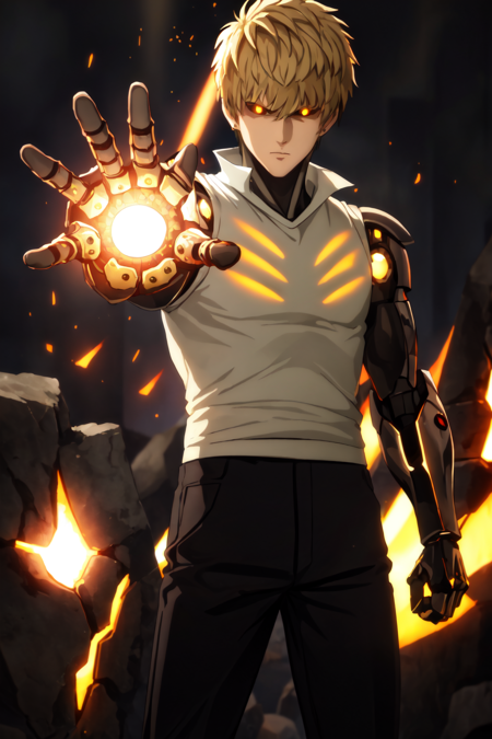 (masterpiece, best quality:1.4), colorful, high contrast, genos <lora:ironcatlora6GenosOne_v10:0.7>, white shirt, sleeveless, black pants, mechanical arms, glowing, glowing eyes, glowing hand, standing, fighting stance