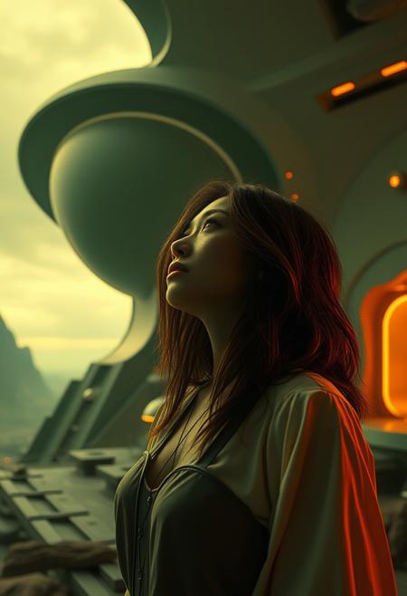 Surreal infrared tones, epic scene, modern future, massive scale, lens glow lighting. Pop Art style depicting a tonalist, introspective woman in a dreamlike setting. Muted landscape, minimal interior, soft green, gray, and gold tones.  Otherworldly appearance, heroic elements.