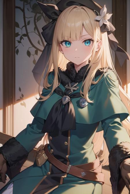 fgoreines, <lyco:reines-lyco-nochekaiser:1>,
reines, blonde hair, (green eyes:1.5), long hair, bangs, blunt bangs, (small breast:1.2),
BREAK beret, black headwear, black ribbon, blue dress, brown gloves, dress, flower, fur collar, fur trim, fur-trimmed sleeves, gloves, hair flower, hair ornament, hair ribbon, hat, long sleeves, ribbon, rose, tilted headwear, white flower, white rose,
BREAK looking at viewer,
BREAK indoors,
BREAK <lyco:GoodHands-beta2:1>, (masterpiece:1.2), best quality, high resolution, unity 8k wallpaper, (illustration:0.8), (beautiful detailed eyes:1.6), extremely detailed face, perfect lighting, extremely detailed CG, (perfect hands, perfect anatomy),