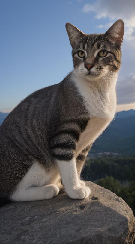 close-up, cat (on top of a mountain on a rock), ((focus on sun rising)), clouds, photorealistic, HDR