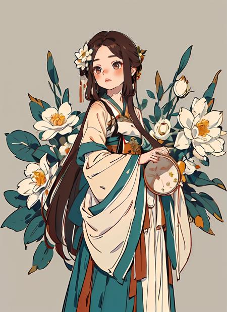 1girl, solo, long hair,  simple background, brown hair,  long sleeves,  upper body, flower, hair flower,  chinese clothes, white flower, , hanfu,<lora:gufeng_illustration_v2:0.7>