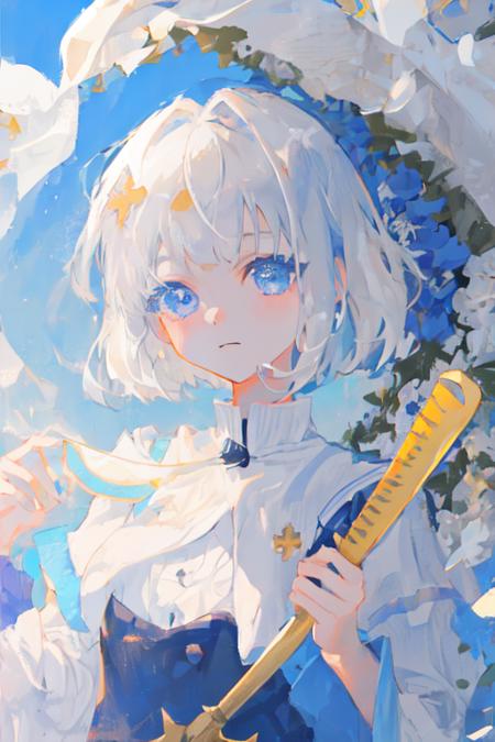 <lora:xingtong_2d:1>, xingtong, 1girl, blue eyes, white hair, okappa haircut