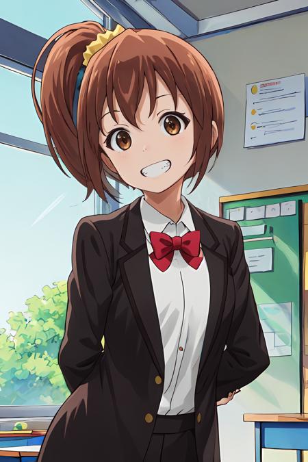 (masterpiece, best quality:1.2), highres, 1girl, solo, grin, teeth, clenched teeth, 
Kanakana_V1, brown hair, short hair, side ponytail, brown eyes, hair ornament, yellow scrunchie, 
school uniform, blazer, jacket, long sleeves, white shirt, red bowtie,  
standing, leaning forward, arms behind back, 
indoors, school, looking at viewer, upper body, 
<lora:add_detail_CyberAlchemist:0.4>, <lora:GoodHands-beta2:0.8>, <lora:KanakanaV1_1-000026:0.9>