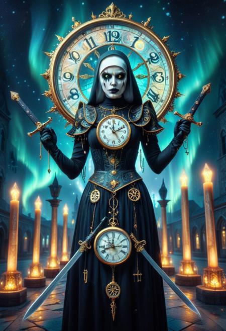 cstatuesdxl, morph-aurora, alabaster statue of 1girl, full body, emo makeup, short hairs, veil, black nun outfit chocker with gold clock in it, clock  embroidery, vampire fangs, long sharp claws, psychadelic aurora light,
,hair accesory, holding clock-graved sword,  broken surreal , cultist temple background, horror themed, bokeh,