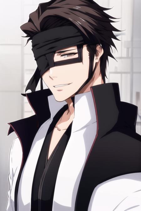 <lora:Aizen:0.9>,1man,Aizen,short brown hair,detailed face,white kimono,smirk,serious look,black hedband,black eyepatch,half face in black mask,black eyepatch,black headband