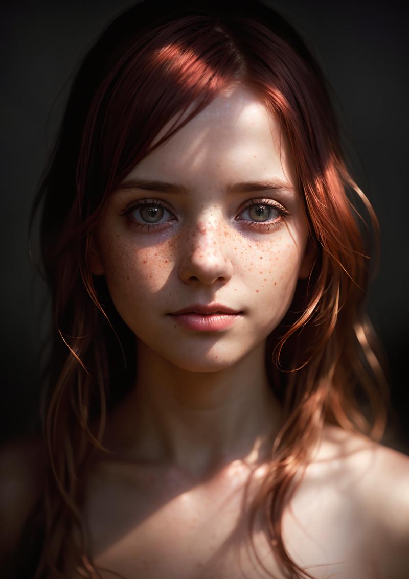 Close-up of a young girl with red hair, freckles, and green eyes.