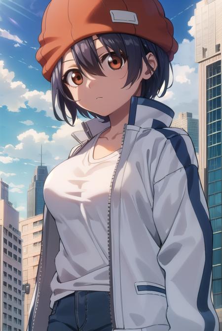 fuukoizumo, <lora:fuuko izumo s1-lora-nochekaiser:1>,
fuuko izumo, black hair, hair between eyes, (brown eyes:1.5), short hair,
BREAK shirt, white shirt, jacket, open jacket, pants, denim, beanie, (red beanie:1.2),
BREAK outdoors, city, sky, clouds, sun,
BREAK looking at viewer, (cowboy shot:1.5),
BREAK <lyco:GoodHands-beta2:1>, (masterpiece:1.2), best quality, high resolution, unity 8k wallpaper, (illustration:0.8), (beautiful detailed eyes:1.6), extremely detailed face, perfect lighting, extremely detailed CG, (perfect hands, perfect anatomy),