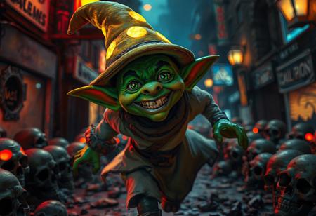 score_9, score_8_up, score_7_up, masterpiece, slimes_skullwm, csr style, (close-up, goblin, green, happy face, yellow glowing wizzard hat, white glowing robe, running,) on a street made of skulls, dim red glowing, hyper detailed, apocalyptic city made of skulls, rusty, warm street lights. low angle shot, shallow depth of field, dslr, 8k, uhd, hdr, sfw, scinematic lighting,