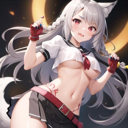 (masterpiece, best quality:1.2),illustration,8k,hd,1girl,underboob,animal ears,medium breasts,solo,skirt,long hair,gloves,tail,braid,fingerless gloves,nail polish,multicolored nails,navel,pleated skirt,red belt,fang,crop top,smile,belt,black skirt,thick eyebrows,crop top overhang,side slit,wolf tail,side braid,slit pupils,serafuku,wolf ears,short sleeves,red gloves,grey hair,bangs,tattoo,red eyes,single braid,belt buckle,puffy sleeves,school uniform,buckle,very long hair,miniskirt,no bra,<lora:Yuudachi-V1:0.4>,