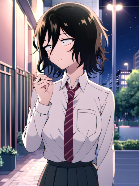 ((masterpiece, best quality)),8k,(1girl:1.1),outdoor,akirav4,black hair,school girl uniform,night,city,