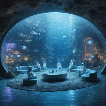 Underwater futuristic habitat beneath the ocean floor with a massive transparent dome; camera positioned outside the glass peering in at inhabitants in sleek, luminescent exploration suits interacting with holographic consoles and floating seating modules; vibrant coral formations cling to the dome’s exterior as schools of bioluminescent fish, graceful manta rays, and inquisitive octopuses drift by; soft volumetric lighting, delicate glass reflections, ultra-high resolution, cinematic realistic rendering in a sci-fi atmosphere.