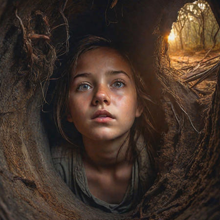 Create an image of a girl trapped in an abandoned  vertical tube well,  transparent,dry land, dry trees, light rain, a landscape, dark clouds, her fear, confusion, sunset, dim overhead light, hyper realistic character.