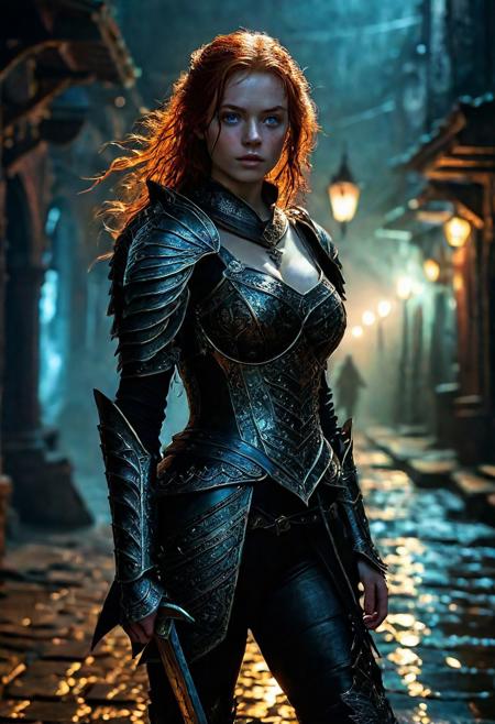 Ultra detailed digital art masterpiece Warrior girl dressed in a Armor, standing in combat pose down the mysterious night street of the big dark fantasy medieval Town, perfect lighting, beautiful Sadie Sink as Warrior girl, attractive woman, elegant, unreal engine 5 nanite quality, mixed with dark elements, dark environment, very dark night, clean dark velour witch clothing, LOTR style, dark washed out eyeliner, no make up, natural bloody face, realistic blue eyes, ultra detailed atmospheric details, beautiful glowing effects, sparkle effects, realistic body proportions, beautiful face proportions, complex masterpiece, wavy red hair, creative glowing detailed tattoos, complex physics, enhanced colors, complimentary colors, ultra detailed raytracing reflections, Ultra detailed complex background, environment feels alive, direct eye contact, dramatic lighting, wet and sweaty skin, beautiful firm Breasts, Concept art portrait by Greg Rutkowski