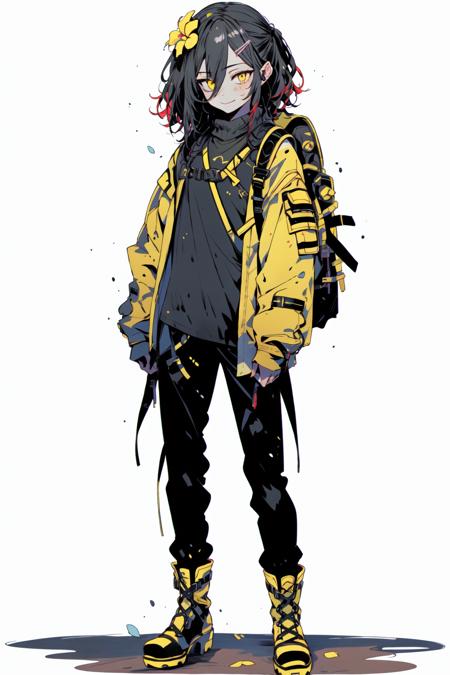 <lora:TheWalkingDead:1>, virtual youtuber, solo, 1boy, hair ornament, red hair, turtleneck, male focus, full body, yellow eyes, boots, looking at viewer, white background, hair between eyes, layered sleeves, simple background, hair flower, shirt, black footwear, short hair, standing, hairclip, smile, yellow ribbon, short over long sleeves, black pants, flower, cross-laced footwear, pants, closed mouth, high heel boots, high heels, sweater, long sleeves, ribbon, outstretched arm, sleeves past wrists, straight-on, lace-up boots, black shirt, shorts, half updo