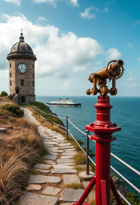 a steampunk influenced image depicts a coastal scene featuring an old stone watchtower with a domed roof, and a magnificent clock, situated on a grassy overgrown path. The watchtower is positioned near the edge of a cliff overlooking a vast, calm ocean under a partly cloudy sky. A steamship cruises past leaving a white wake. In the foreground, there is an intricate telescope mounted on a red stand, with many levers and wheels. It is aimed towards the sea. The path leading to the watchtower is made of irregular stone slabs, bordered by dry grass and a few green bushes. A metal railing runs along the cliff edge, providing a barrier between the path and the drop to the ocean below.