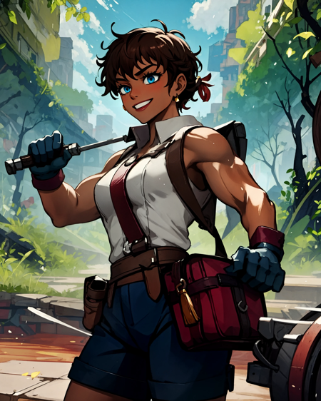 MintPTNS 1girl, dark-skinned_female, tomboy, short hair, blue eyes, muscular female shorts, white sleeveless shirt, satchel, gloves