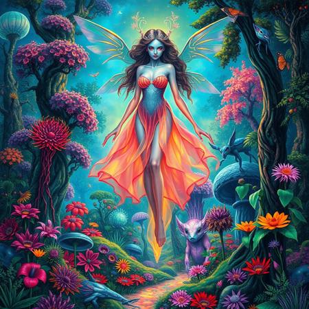 Graceful, elegant female fae entity with chromatic translucent skin hovers above a vivid fantastical forest landscape full of iridescent flora and bizarre dangerous fauna who camouflage themselves as plants and trees. Alien landscape, forest goddess, colorful.