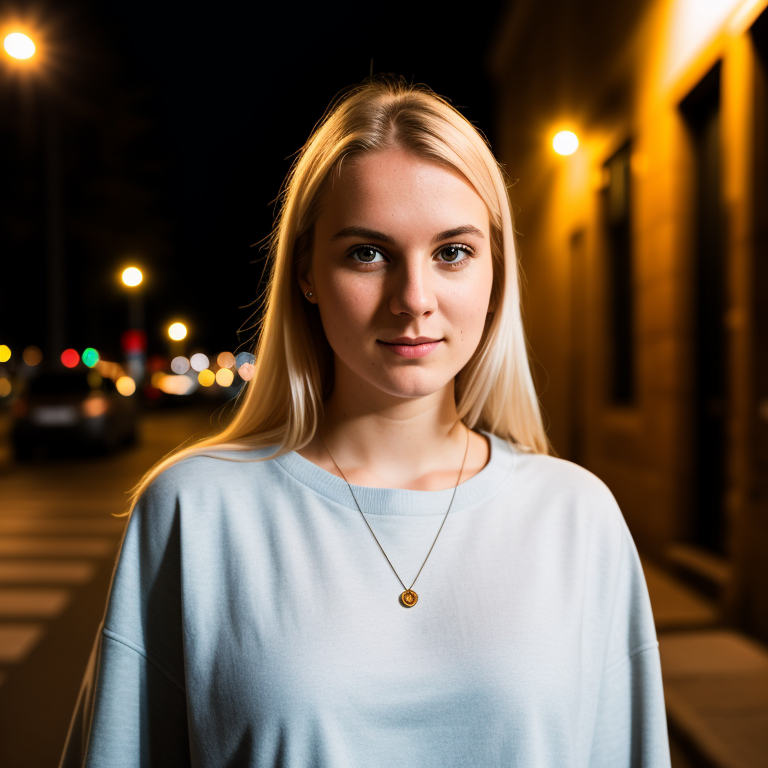 RAW photo, a portrait photo of 25 y.o swedish woman in casual clothes, night, city street, (high detailed skin:1.2), 8k uh...