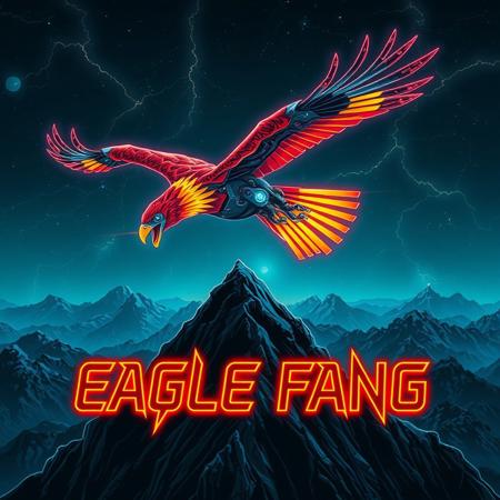 A robotic eagle flying over a mountain-top. red and yellow stripes. fanged beak.
Background mountains at night. Cosmic skyscape.  Synthwave colorscheme. Very realistic, fantasy illustration.
with the words "EAGLE FANG" emblazoned in 3D, intricate, lightning patterns, with a predominantly neon colors,